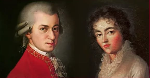 Gjengivelse av maleri av Mozart (t.v.) iført sin karakteristiske hvite parykk, og hans kone Konstanze (t.h.). Mozart i rød jakke, Konstanze i en kremhvit florlett kjole med rysjer i halsen.